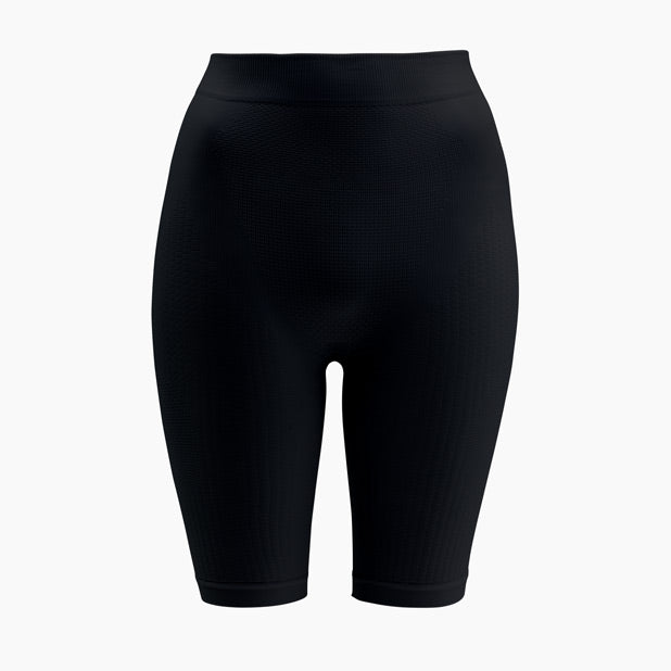 Front view of black buttlifting shapewear shorts with anti-cellulite control on mannequin
