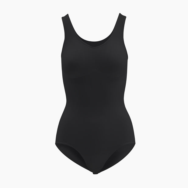 Front view of women’s black shapewear bodysuit with tummy control and push-up bra on mannequin