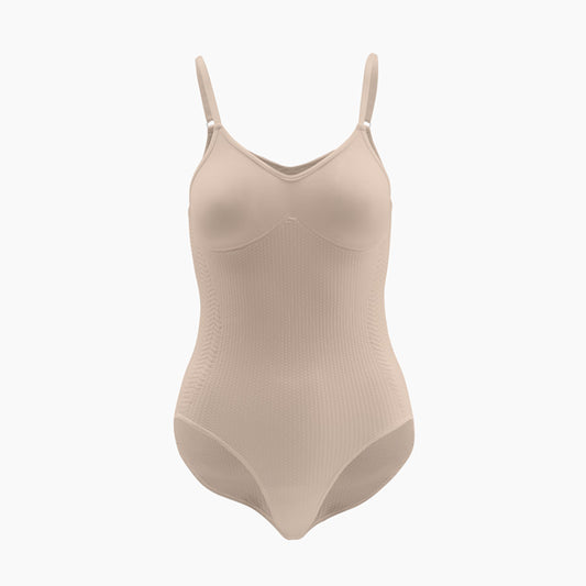 Front view of women’s powder anti-cellulite compression bodysuit on mannequin – product 1108
