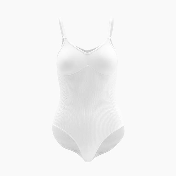 Front view of women’s white anti-cellulite compression bodysuit on mannequin – product 1108