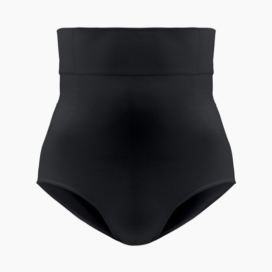 Front view of women’s black high-waisted shapewear brief on mannequin