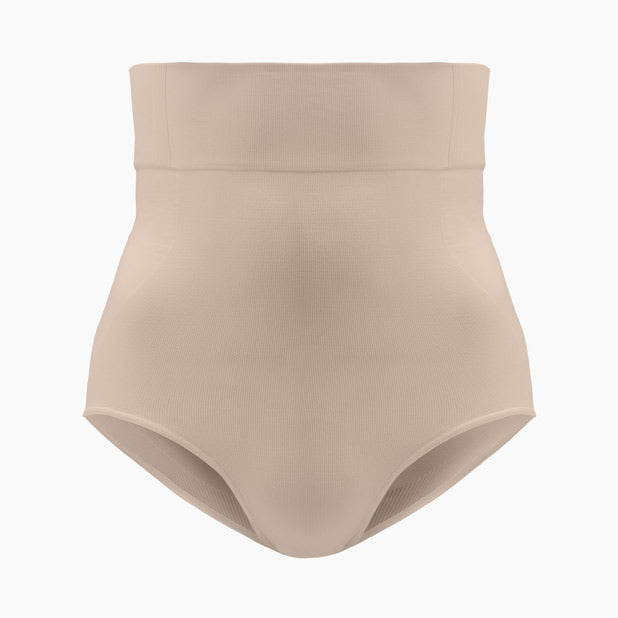 Front view of women’s powder high-waisted shapewear brief on mannequin