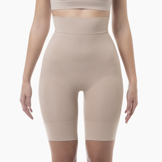Front view of women’s powder high-waist shapewear shorts worn by model – product 603