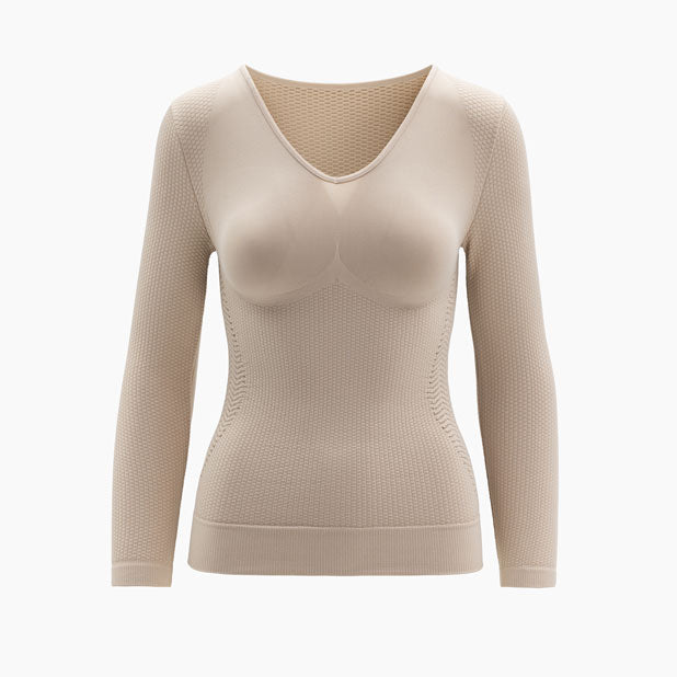 Front view of women’s powder long sleeve anti-cellulite micromassage t-shirt on mannequin – product 1107