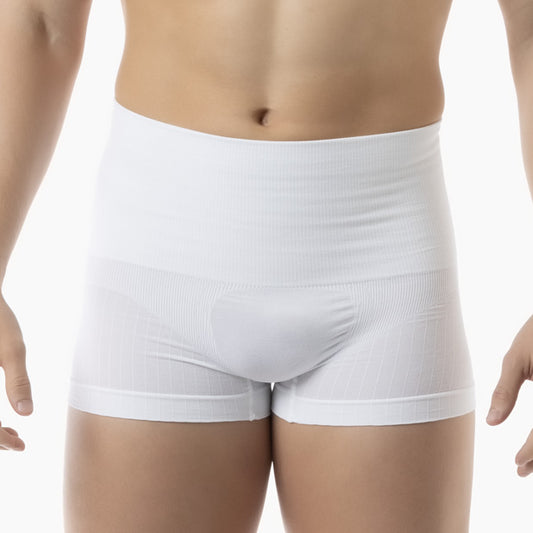 Front view of men’s white shapewear stretch cotton boxer worn by model