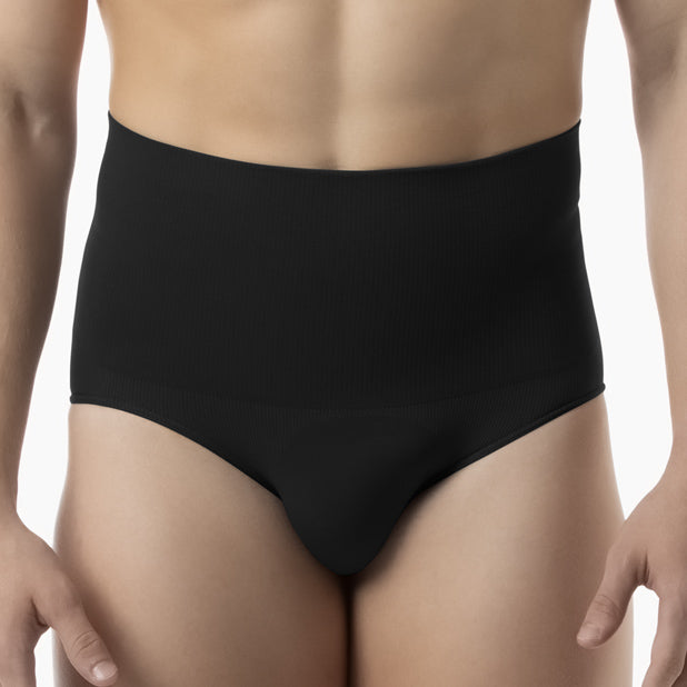 Front view of men’s black tummy control shapewear brief worn by model