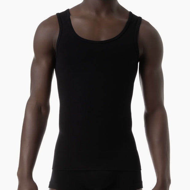 Front view of men’s black shapewear stretch cotton tank top worn by model – product 417