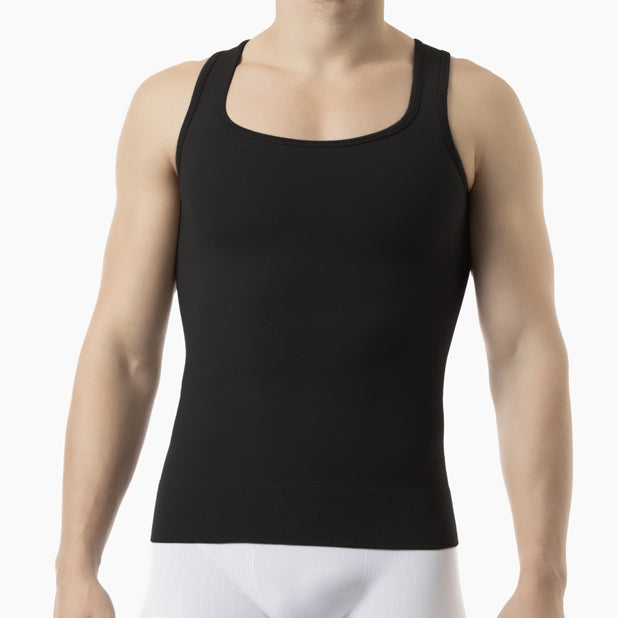 Front view of men’s black gynecomastia compression tank top worn by model – product 418