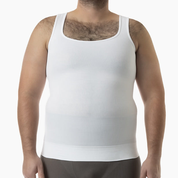 Front view of men’s white gynecomastia compression tank top worn by model – product 418