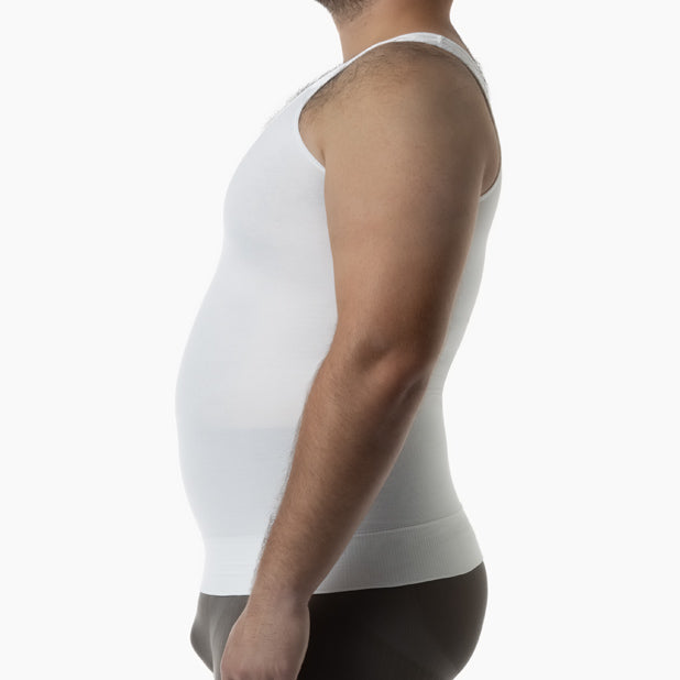 Left side view of men’s white gynecomastia compression tank top worn by model – product 418