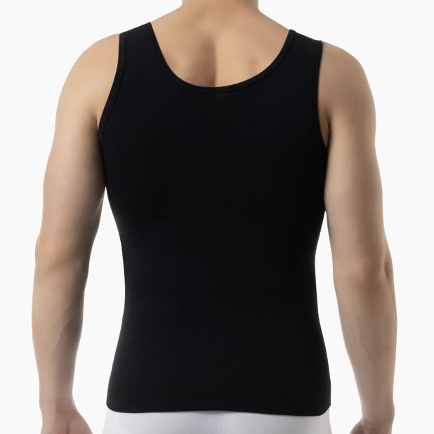 Back view of men’s black slimming compression tank top worn by model – product 417b
