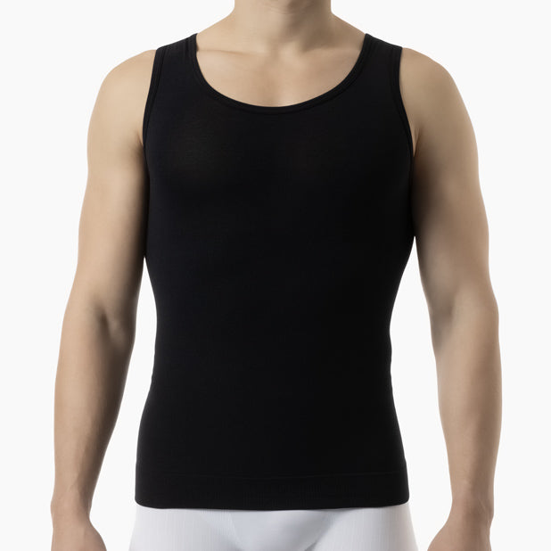 Front view of men’s black slimming compression tank top worn by model – product 417b