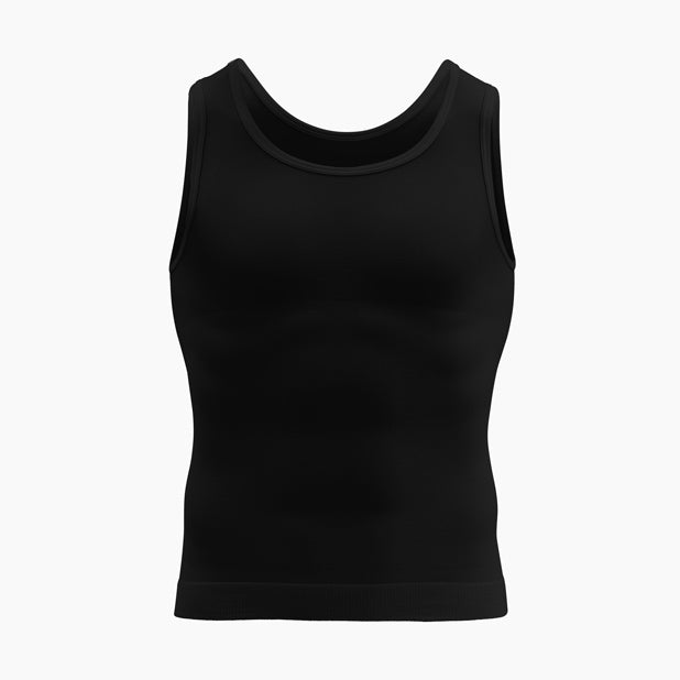 Front view of men’s black slimming compression tank top on mannequin – product 417b