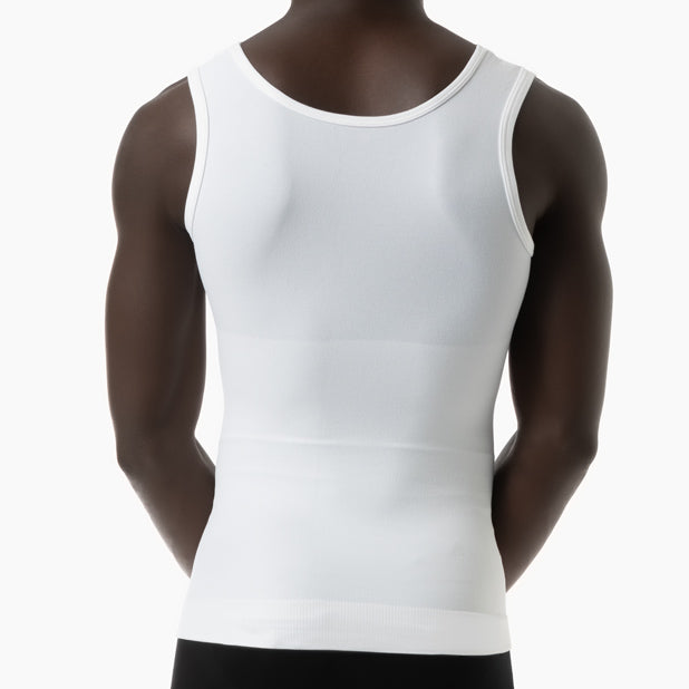 Back view of men’s white slimming compression tank top worn by model – product 417b