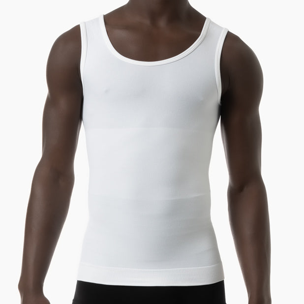 Front view of men’s white slimming compression tank top worn by model – product 417b