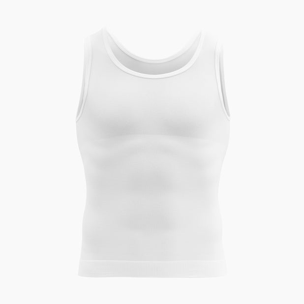 Front view of men’s white slimming compression tank top on mannequin – product 417b