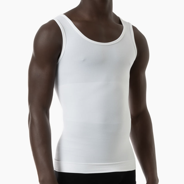 Left side view of men’s white slimming compression tank top worn by model – product 417b