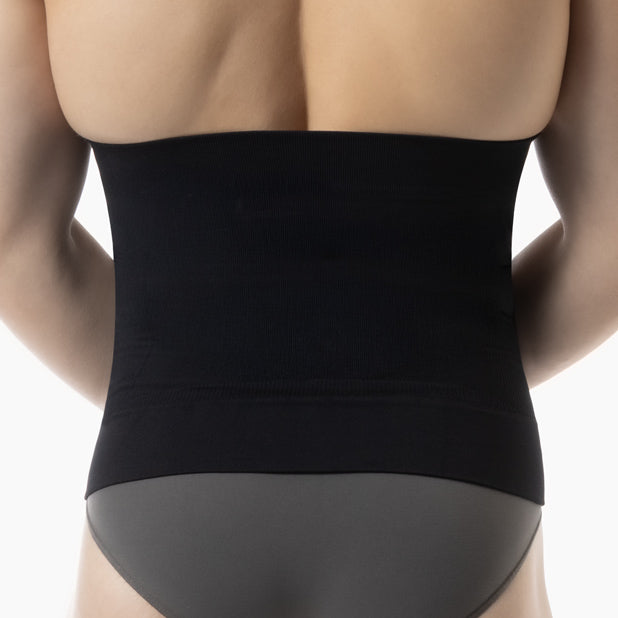 men’s black shapewear waist cincher worn by model - back view