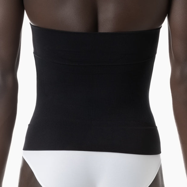 Back view of men’s black shapewear waist cincher worn by model