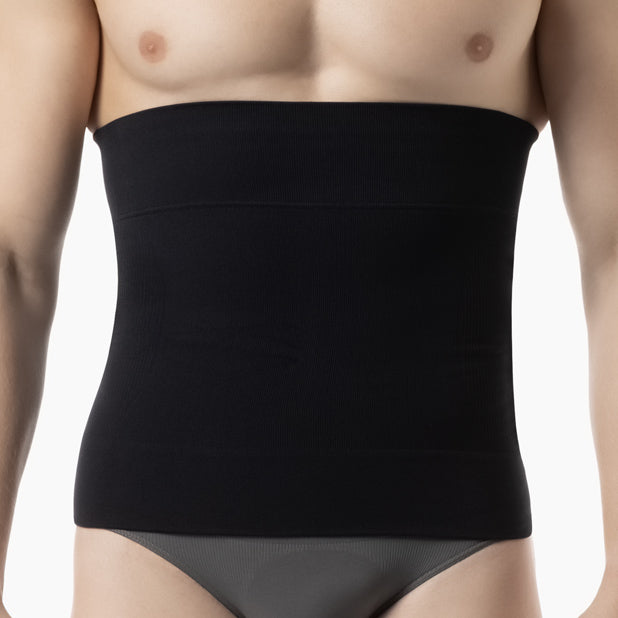 men’s black shapewear waist cincher worn by model - front view