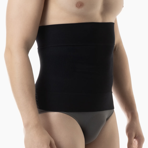 men’s black shapewear waist cincher worn by model- right view