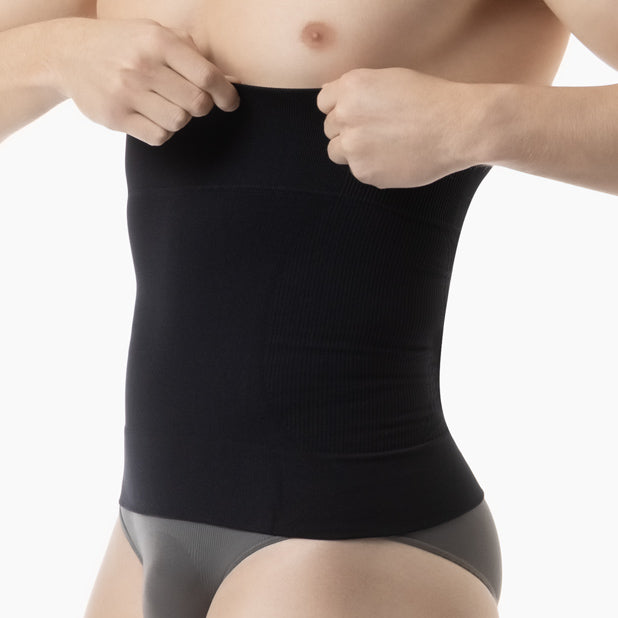 Men’s black shapewear waist cincher worn by model - Left view