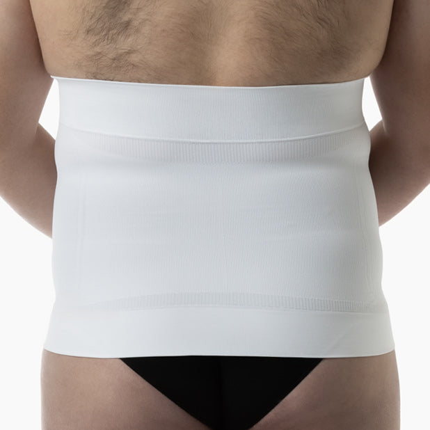 Back view of men’s white shapewear waist cincher worn by curvy model