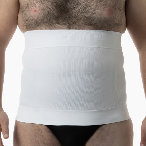 Front view of men’s white shapewear waist cincher worn by curvy model