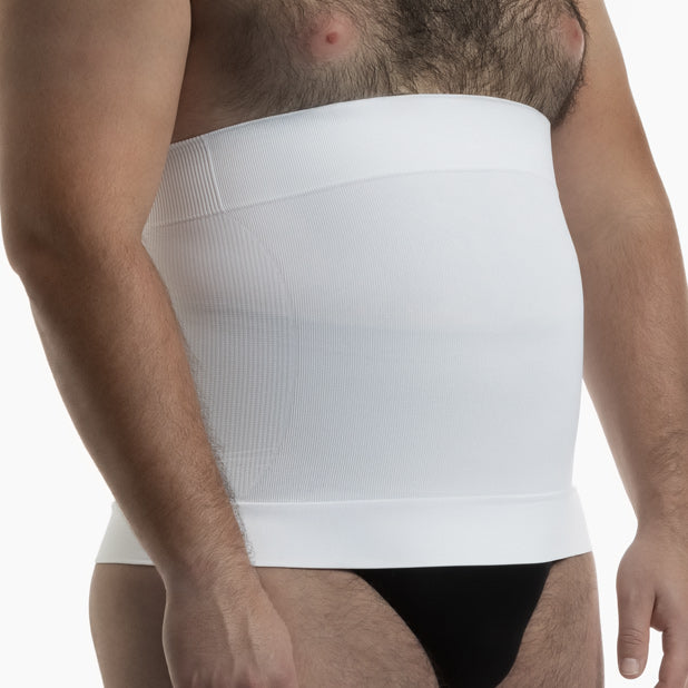 Right side view of men’s white shapewear waist cincher worn by curvy model