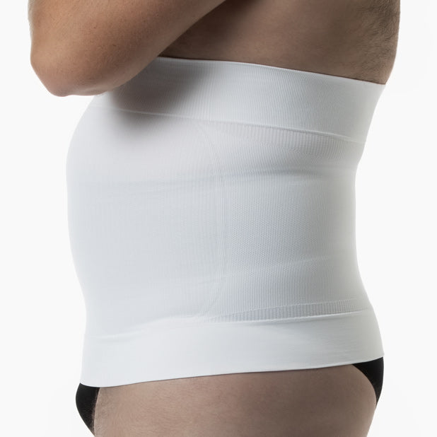 Left side view of men’s white shapewear waist cincher worn by curvy model