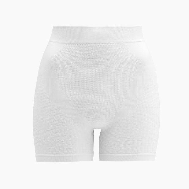 Front view of women’s white mid-thigh shapewear short with anti-cellulite control on mannequin