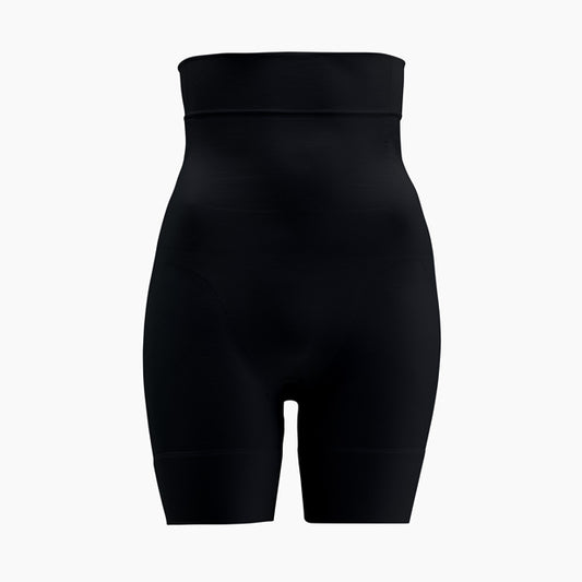 Front view of women’s black high-waist mid-thigh shapewear short on mannequin
