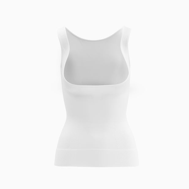 Front view of white open bust shapewear tank top with flat tummy effect on mannequin