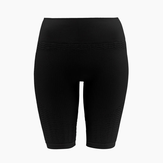 Front view of women’s black anti-cellulite compression shorts on mannequin – product 1103