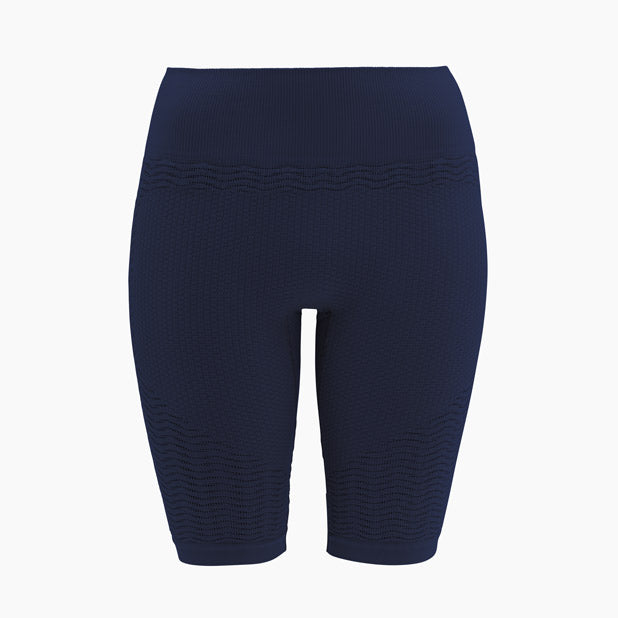 Front view of women’s blue anti-cellulite compression shorts on mannequin – product 1103