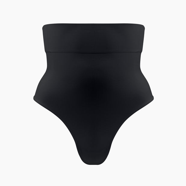Front view of women’s black high waist shaping thong on mannequin