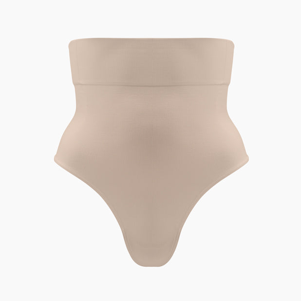 Front view of women’s powder high waist shaping thong on mannequin