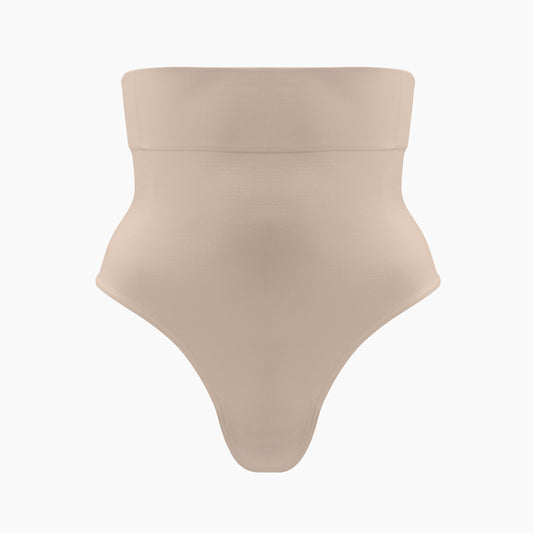 Front view of women’s powder high waist shaping thong on mannequin