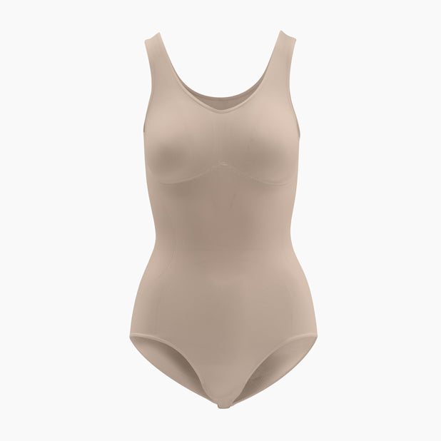 Front view of women’s powder shapewear bodysuit with tummy control and push-up bra on mannequin