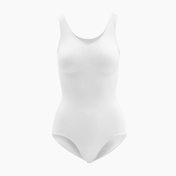 Front view of women’s white shapewear bodysuit with tummy control and push-up bra on mannequin