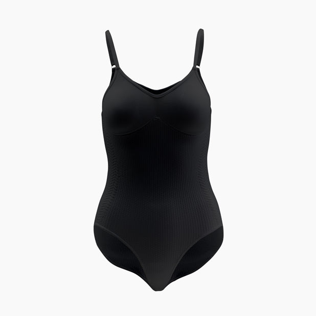 Front view of women’s black anti-cellulite compression bodysuit on mannequin – product 1108