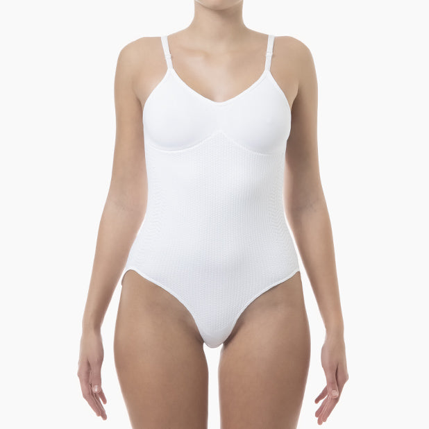Front view of women’s white anti-cellulite compression bodysuit worn by model – product 1108
