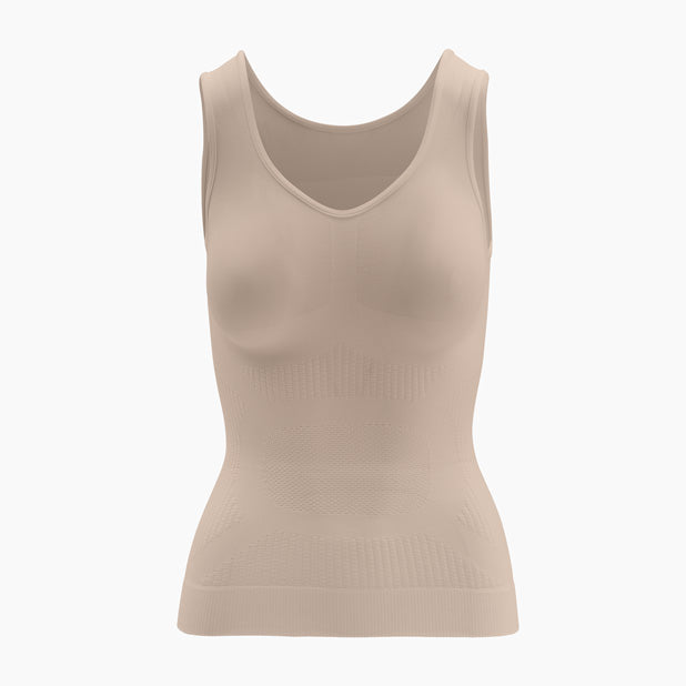 Front view of women’s powder push-up anti-cellulite control tank top on mannequin – product 342