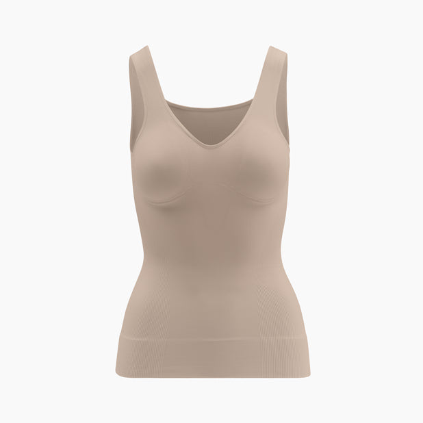 Front view of women’s powder microfiber push-up shapewear tank top on mannequin