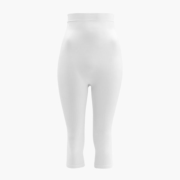 Front view of women’s white high-waist capri shapewear with push-up and anti-cellulite control on mannequin