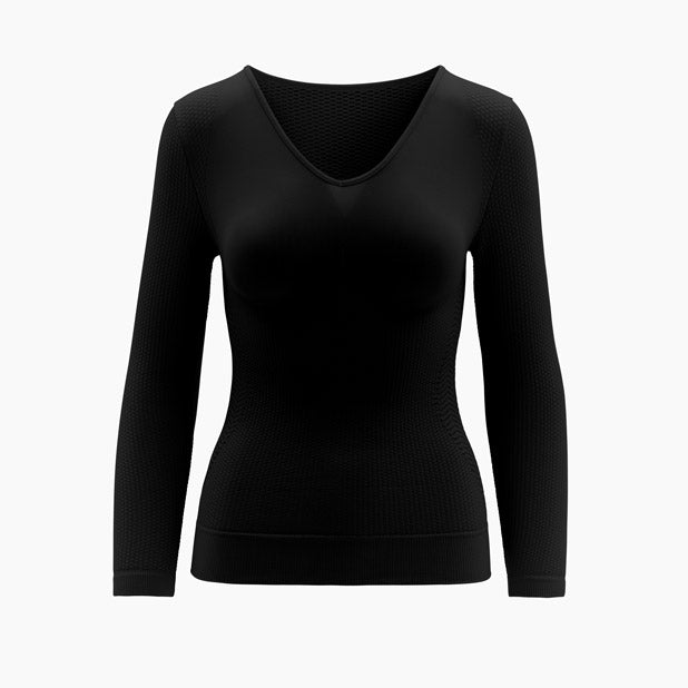 Front view of women’s black long sleeve anti-cellulite micromassage t-shirt on mannequin – product 1107