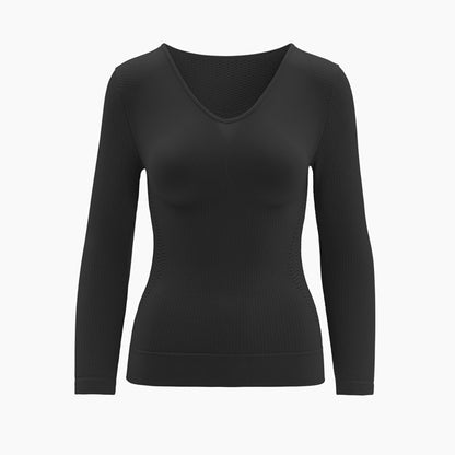 Front view of women’s grey long sleeve anti-cellulite micromassage t-shirt on mannequin – product 1107