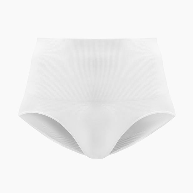 Front view of men’s white tummy control shapewear brief on mannequin