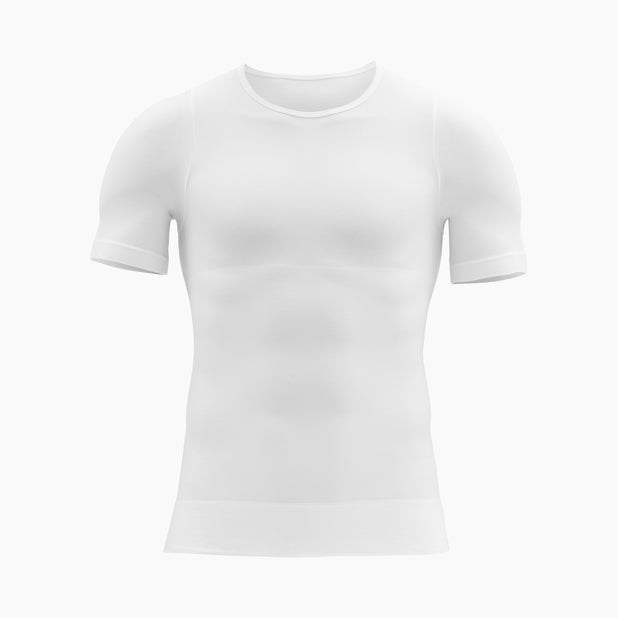 Front view of men’s white body shaper slimming t-shirt with tummy control on mannequin