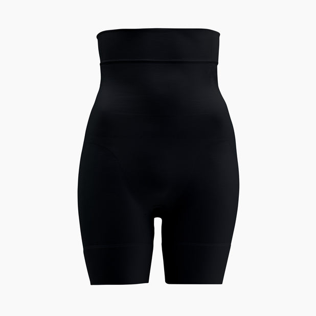Front view of women’s black high-waist mid-thigh shapewear short on mannequin